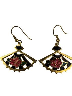 Vintage Gold Tone Enamel Fan Earrings Pink Floral Black Accents Lightweight